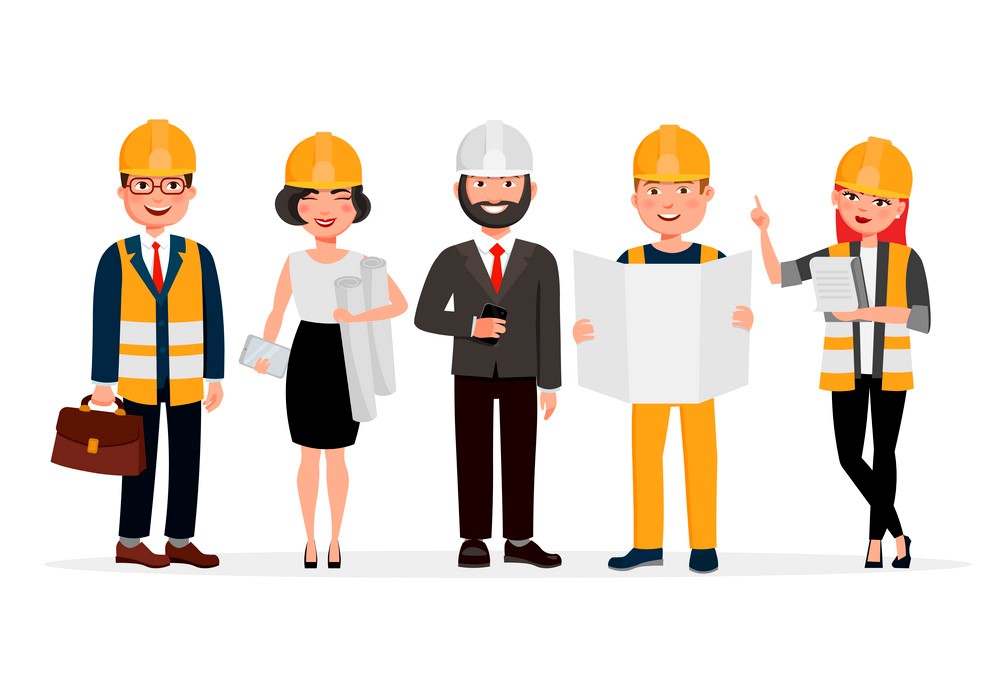 Engineers cartoon characters isolated on white background. Group of Technicians, builders, mechanics and work people vector flat illustration. Engineers cartoon characters isolated on white background. Group of Technicians, builders, mechanics and work people vector flat illustration